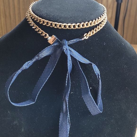 Mia Collection Sexy Denim Tie Choker Gold Tone Lolita Necklace - Picture 2 of 4
